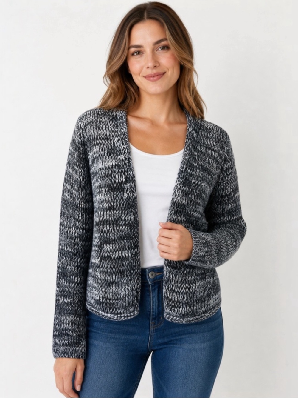 J. Jill Marled Blue Charcoal Cotton Cardigan Large Open Front Chunky Knit Cozy - Picture 12 of 15
